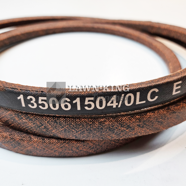 135061504/0 Brown lawn tractor belt close-up showing the part number, for Stiga Group (Alpina, Castelgarden, Mountfield etc) against a white background.