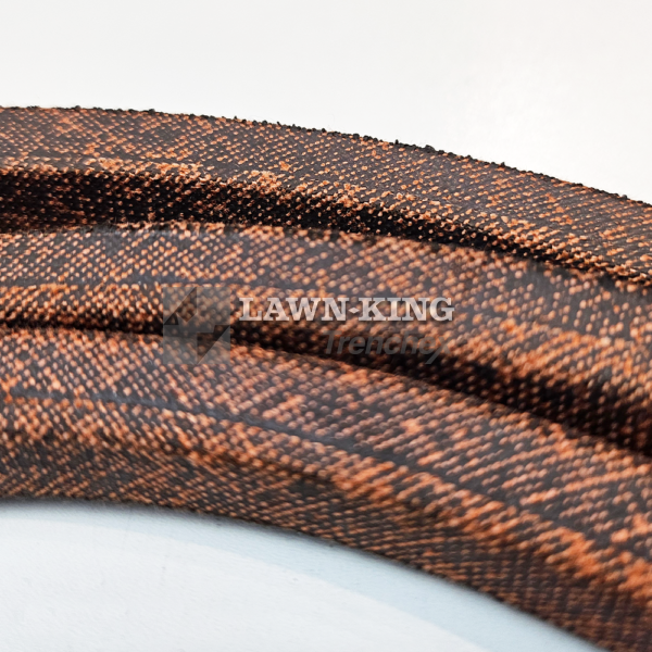 Brown lawn tractor belt close-up showing the thickness and material, for Stiga Group (Alpina, Castelgarden, Mountfield etc) against a white background.