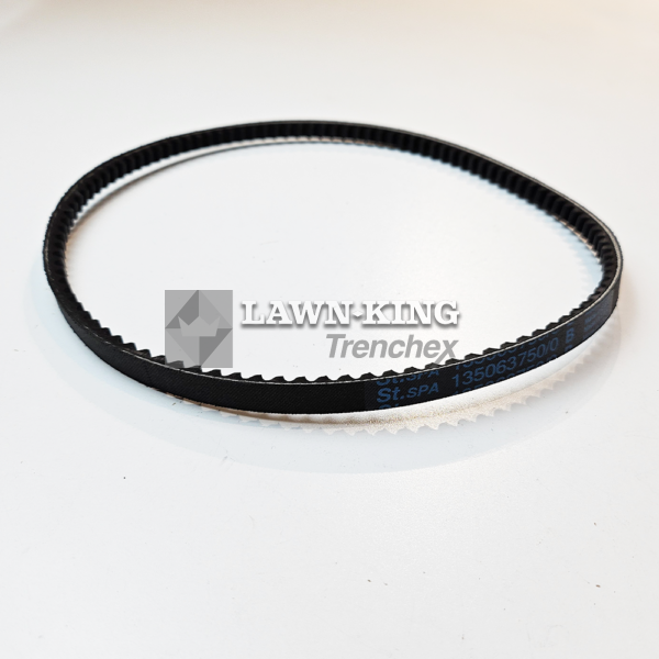 135063750/0 Stiga Group (Alpina, Mountfield, Castelgarden etc) lawnmower belt, black and toothed, sat flat against a white background.