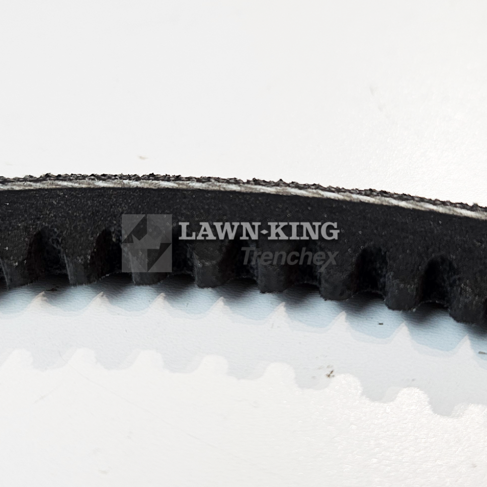 Black lawnmower toothed belt close-up showing the toothed grooves, for Stiga Group (Alpina, Castelgarden, Mountfield etc) against a white background.