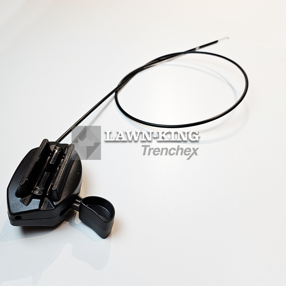 Stiga Group (Atco, Alpina, Mountfield etc) lawnmower throttle cable folded into a loop showing the underside of the plastic throttle adjuster and the connecting metal end against a white background.