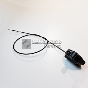 181005501/1: Stiga Group (Atco, Alpina, Mountfield etc) lawnmower throttle cable folded into a loop showing the plastic throttle adjuster and the connecting metal end against a white background.