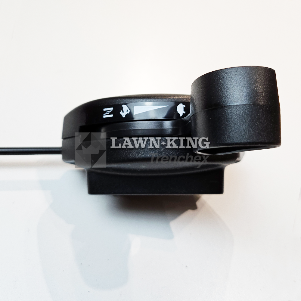 Stiga Group (Atco, Alpina, Mountfield etc) lawnmower throttle cable showing the plastic throttle adjuster lever against a white background.