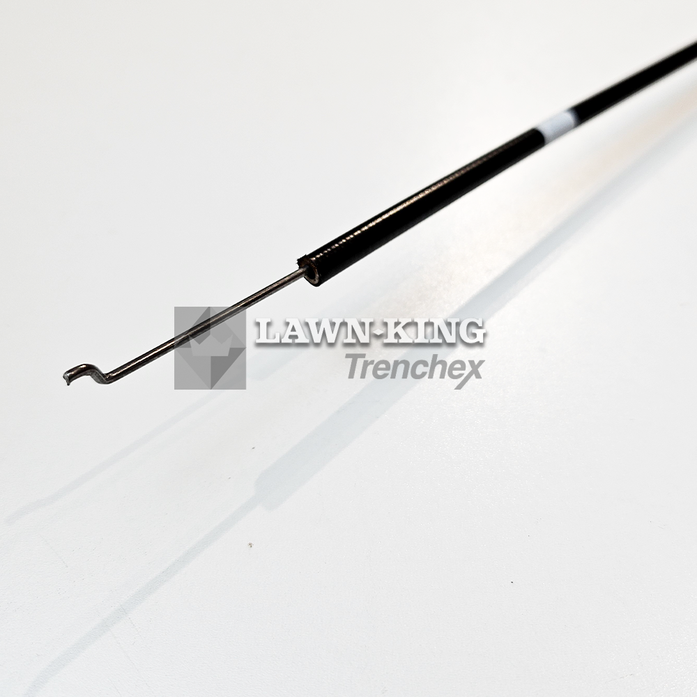 Stiga Group (Atco, Alpina, Mountfield etc) lawnmower throttle cable showing the metal connecting end against a white background.