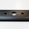 Stiga Group (Atco, Mountfield etc) metal mini-rider blade set flat with a close up of the three fitting gaps, where the centre is a larger circular fitting gap and either side two smaller circular fitting gaps, against a white background.