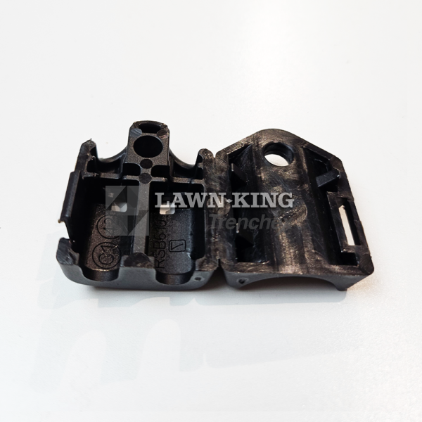 322551685/0: Image shows the back of a black cable holder for the Stiga Group (Alpina, Mountfield etc) range of lawnmowers. This product is opened out and placed flat on a white background.