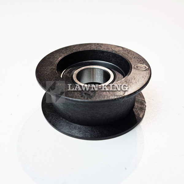 The underside of 325601570/1 black round pulley for the Stiga Group range of lawn tractors, including Alpina and Mountfield. This pulley is set flat against a white background.