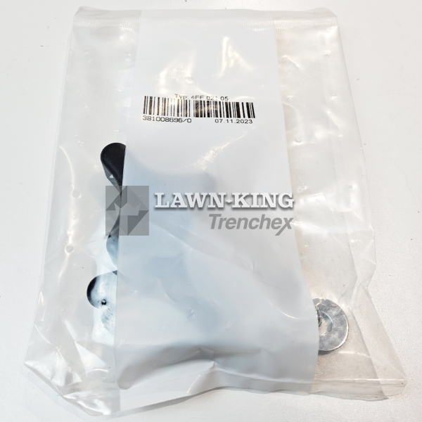 381008696/0: Mountfield three spoke handle knob kit. Image shows the pack sealed in a clear plastic bag, with a white semi-transparent column down the centre of the bag and a black sku with the product name printed at the top. This is on a white background.