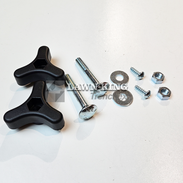 381008696/0: Mountfield three spoke handle knob kit. Image shows two 3 spoke black handle knobs with a hexagonal bolt insert in the centre, two long silver bolts, two silver washers, two screws with a crosshead end and two silver hexagonal bolts set on a white background.