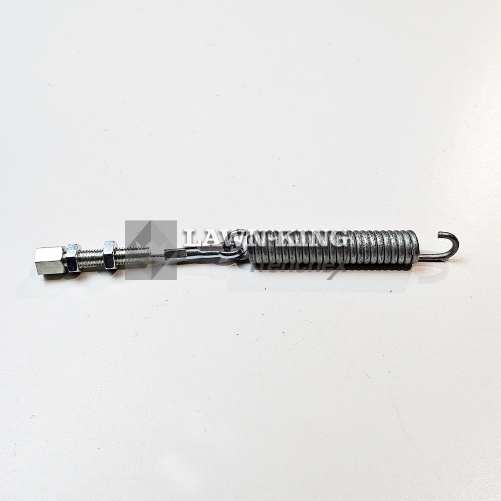 382004618/0: Blade clutch cable for Stiga Group range of garden tractors. This part has a spring on one end and a screw bolt on the other. This part is set flat against a white background.
