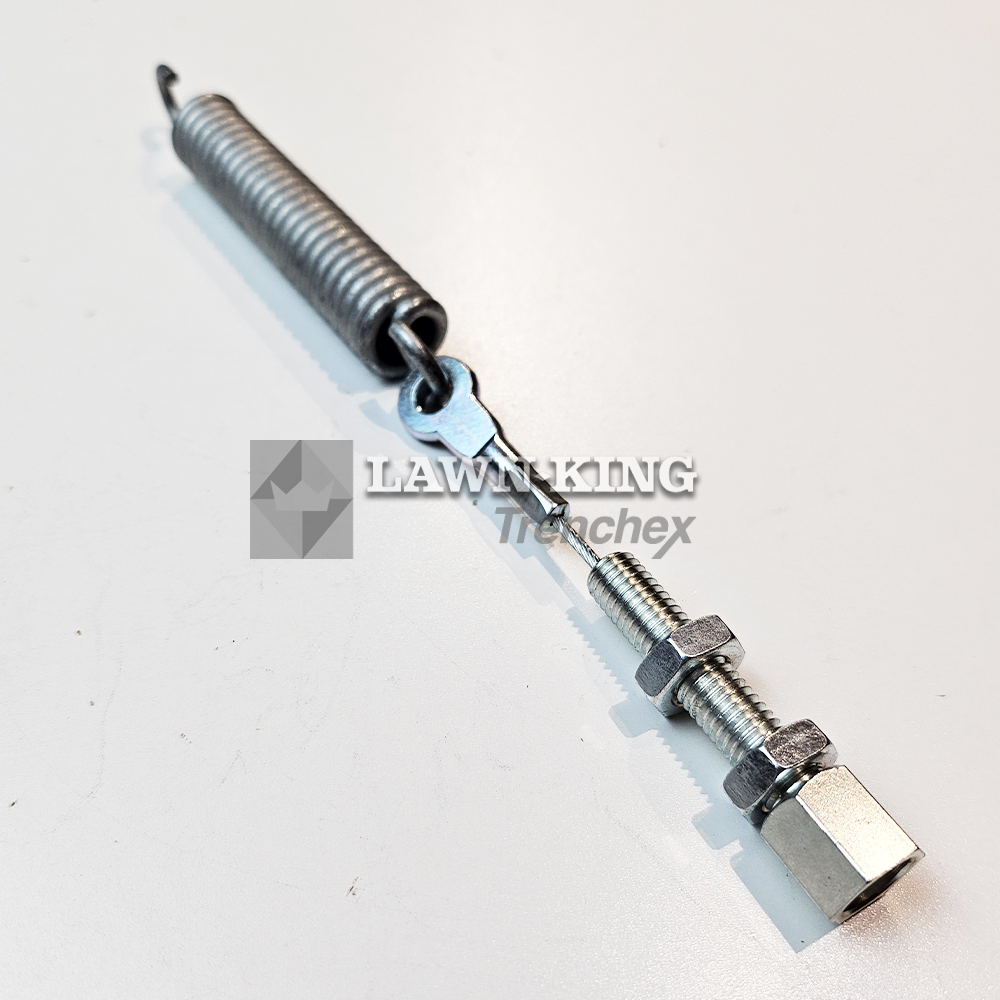 382004618/0: Blade clutch cable for Stiga Group range of garden tractors. This part has a spring on one end and a screw bolt on the other. This part is set diagonally against a white background.