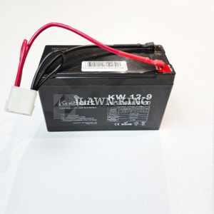 118120070/0: Stiga Group (Atco, Alpina, Mountfield etc) lawn tractor battery with red and black wires on a white background.